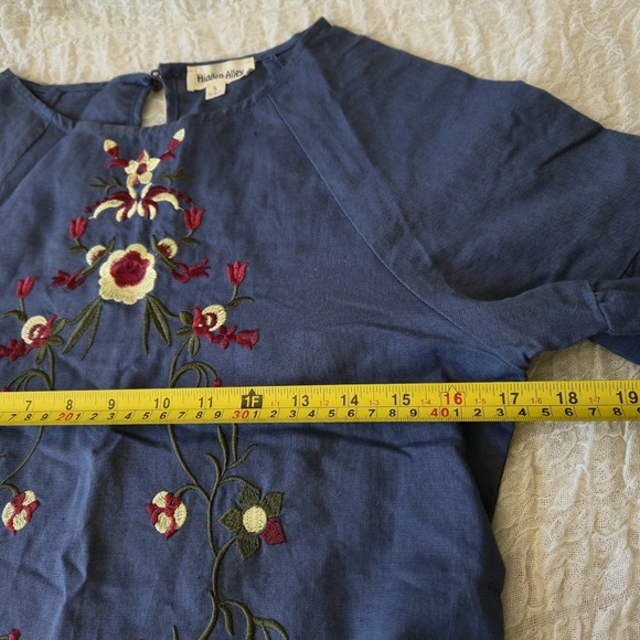 Hidden Alley Embroidered Blouse Sz S Blue‎ Ballon Sleeve Linen Blend Boho Top - Picture 12 of 16